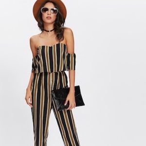 Flounce layeres neck striped jumpsuit